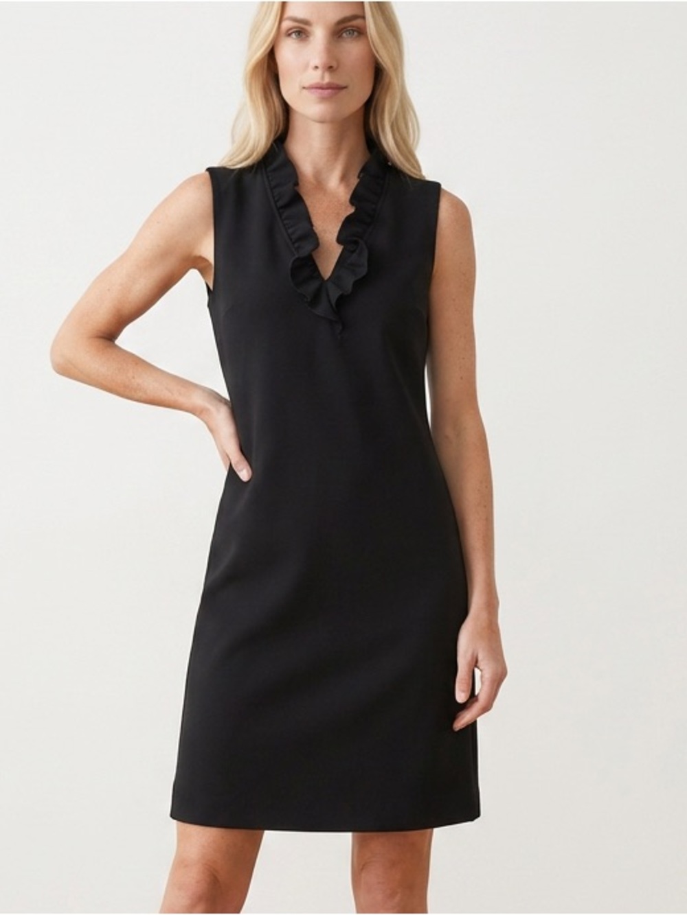 Calvin Klein Black Sleeveless Ruffle V-Neck Mini Dress
